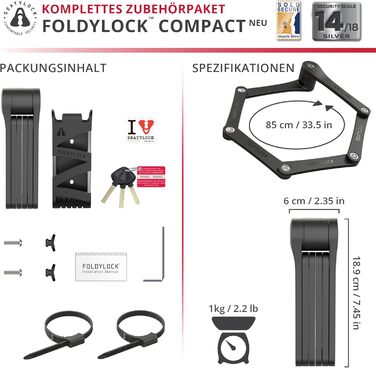 Складаний велосипедний замок FoldyLock Compact 85 см з ключем та кріпленням – високий рівень безпеки для електровелосипеда, самоката та ролика