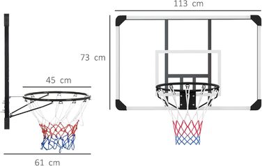 Кільце баскетбольне SPORTNOW, Баскетбольна дошка з кошиком, Баскетбольна сітка з баскетбольною дошкою, Настінний, Відкритий, Сталевий, 113 x 61 x 73 см ЧорнийПрозорийБілий