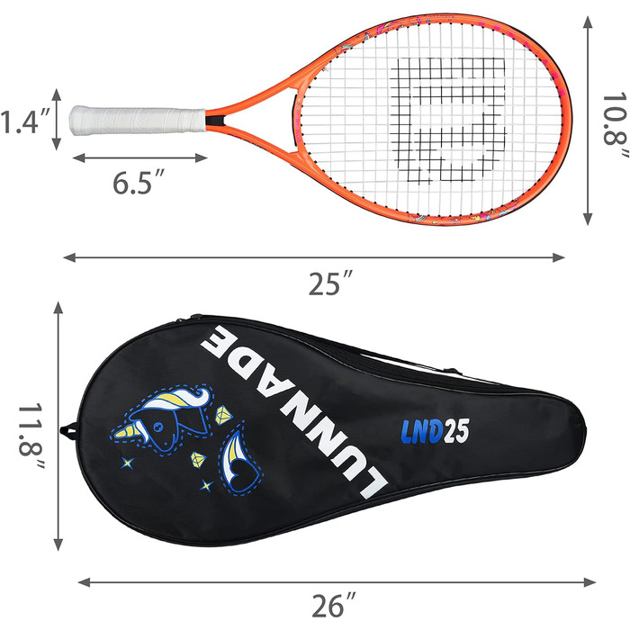 Тенісна ракетка LUNNADE для дітей юніорська, 19/21/23/25 дюймова молодіжна тенісна ракетка з чохлом, підходить для початківців, хлопчиків і дівчаток віком 3-12 років, помаранчева, 2 шт. и 63,5 см (25 дюймів)
