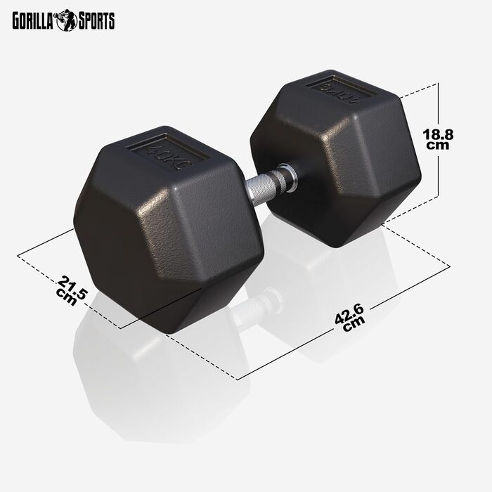 Гантелі GORILLA SPORTS Hexagon - Гирі 2-50 кг, з/без полиці, Прогумований чавун, Не ковзають, Рифлена ручка, Хромована, Чорна - Шестигранні гантелі, Гантель, Силові тренування, Фітнес (r) 40 кг)