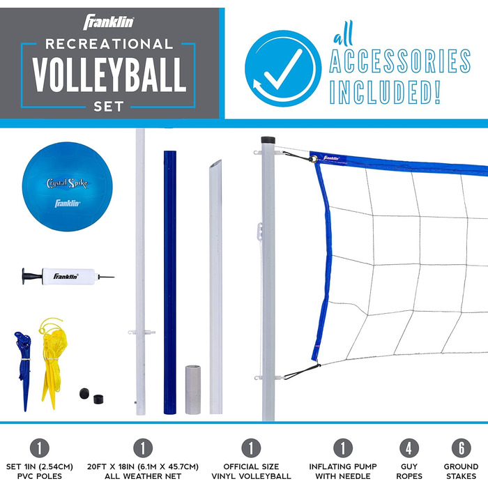 Спортивний волейбольний набір Franklin - Набір волейбольних сіток для пляжу та заднього двору - Портативна волейбольна сітка та набір м'ячів із брусами та наземними шипами - середній (для відпочинку)