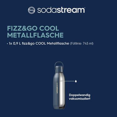 Металева пляшка SodaStream Fizz&go COOL 0,9 л, сумісна з Duo, E-Duo, Terra, для газованої води, тримає температуру до 12 годин, можна мити в посудомийній машині, BPA-free