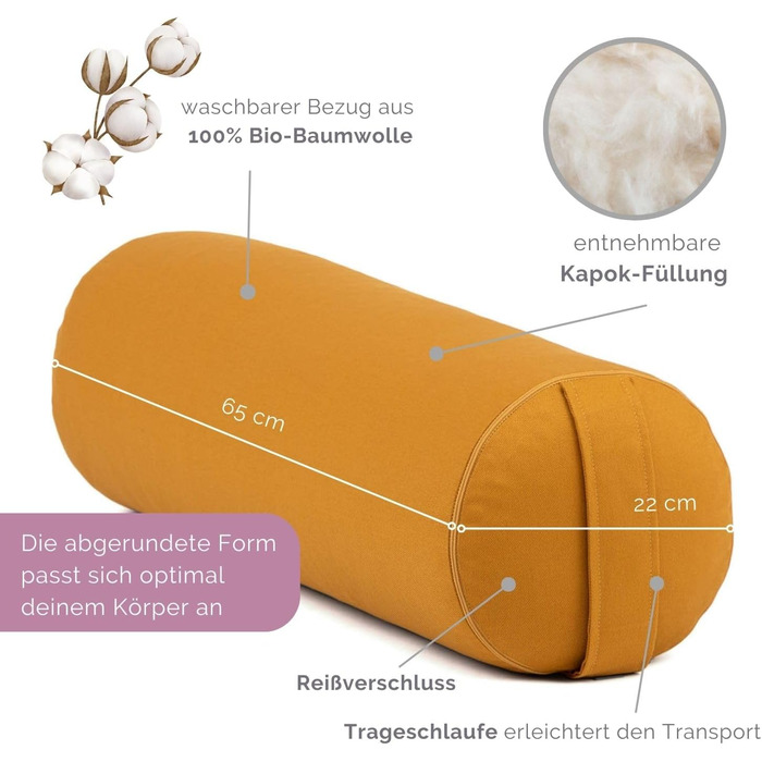 Бодхі Йога Больстер Серія ECO Рол для йоги з начинкою капок Чохол, який можна прати, виготовлений зі 100 органічної бавовни Подушки для йоги для відновлювальної йоги Великі 65 х 22 см (медово-жовті)
