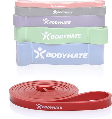 Фітнес-гумка BODYMATE 208 см, еластична стрічка опору з натурального латексу, тренує силу, витривалість, координацію, гнучкість і багато іншого, для початківців і професіоналів (1. X-LIGHT-RED 1,3 см (опір 5-16 кг))