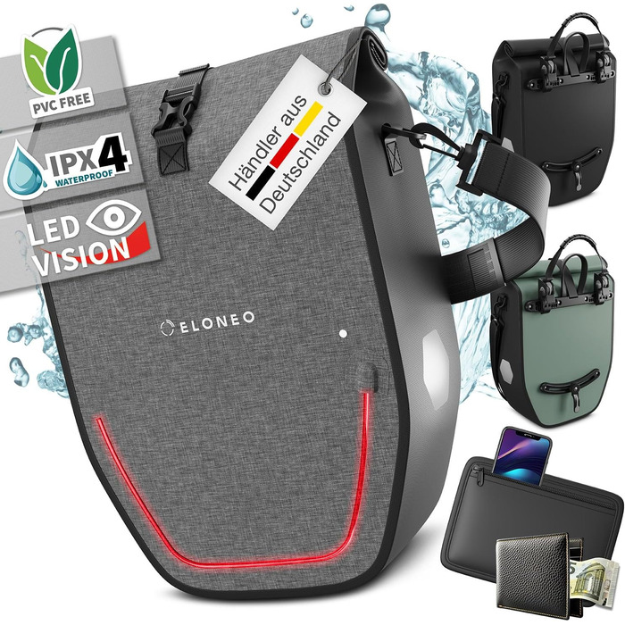 Велосипедна сумка на багажник з LED-підсвіткою, 20 л, 100% водонепроникна, з ручкою та плечовим ременем, сіра