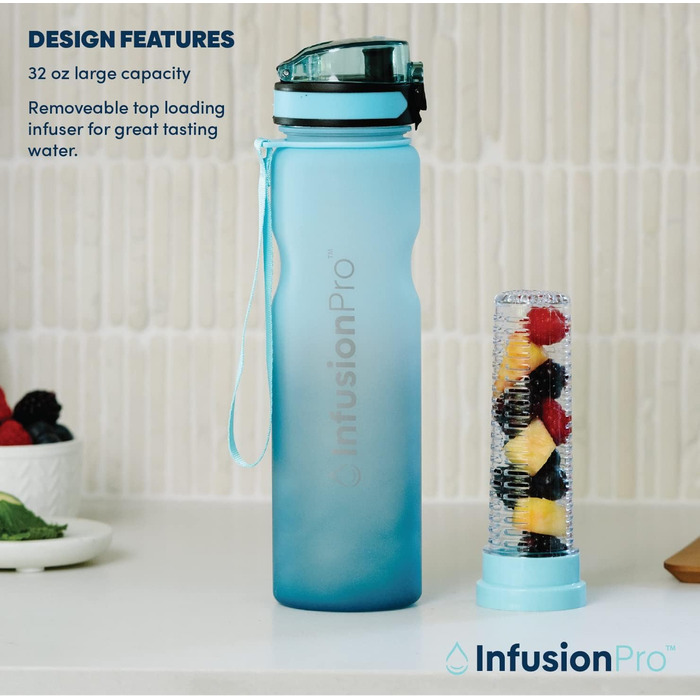Пляшка для води Infusion Pro з інфузером, 680 мл, з герметичного тритану, з подвійним дном, складаним носиком, неопреновим чохлом і ситечком, сіра