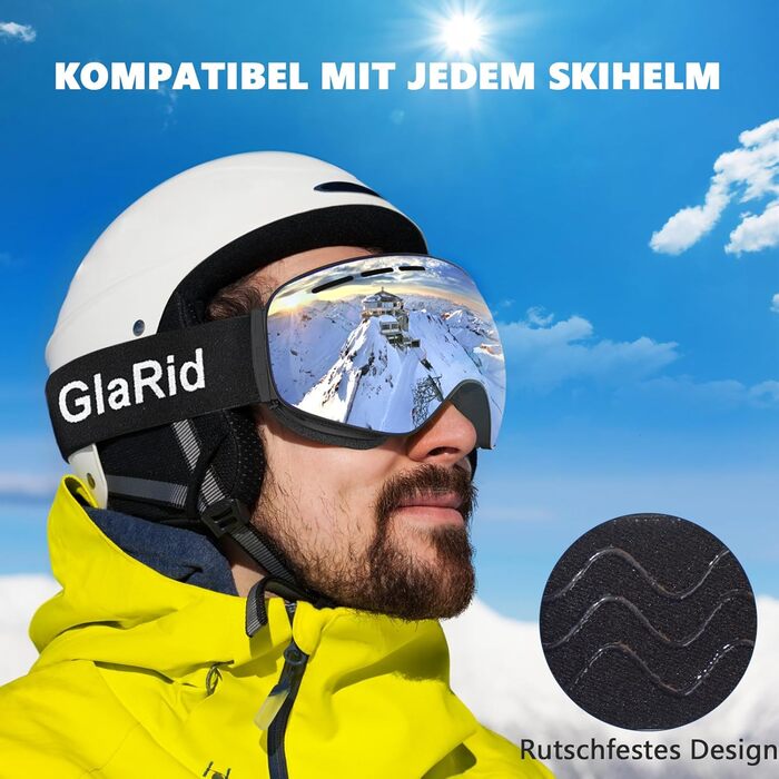 Гірськолижні окуляри GlaRid для чоловіків, жіночі, OTG Ski Goggles Безкаркасні окуляри для сноуборду для тих, хто носить окуляри, Снігові насадки для дорослих Захист проти запотівання 100 UV400 (срібло)