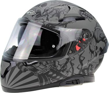 Мотоциклетний шолом ViPER RSV95 для дорослих, повнолицевий, з сонцезахисним козирком, ECE/ACU сертифікований, унісекс, матовий чорний/череп сірий, розмір L