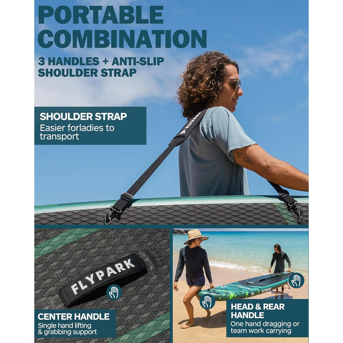 Надувна SUP-дошка Flypark 335x86x15 см, широка, для йоги, з рюкзаком 116 л, 15 D-кілець, ременем, 3 знімними плавниками, насосом