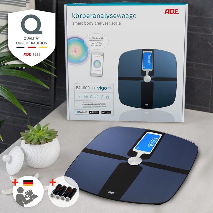 Розумні ваги для аналізу складу тіла ADE BA 1600 FITvigo, з Bluetooth та додатком, вимірювання ваги, жиру, води, м'язової маси, ІМТ, сині