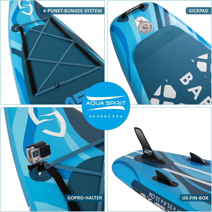 Надувна дошка для падде Aqua Spirit SUP 2024 320x815см/457x915см Комплектація з веслом, рюкзаком, насосом та іншими аксесуарами Дорослі початківці/експерти Гарантія 2 роки (Barracuda 15')