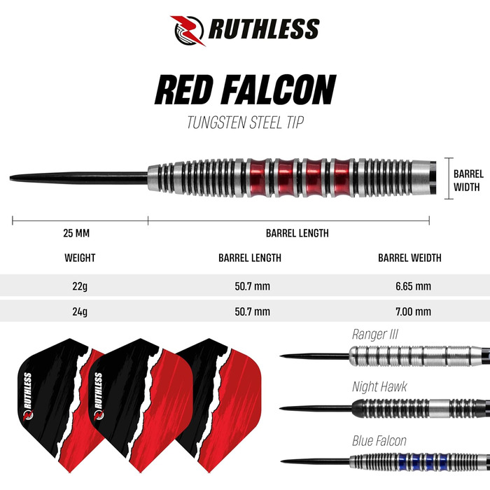 Набір дротиків RUTHLESS Red Falcon, вольфрам, 22 г/24 г, з польотами та валами