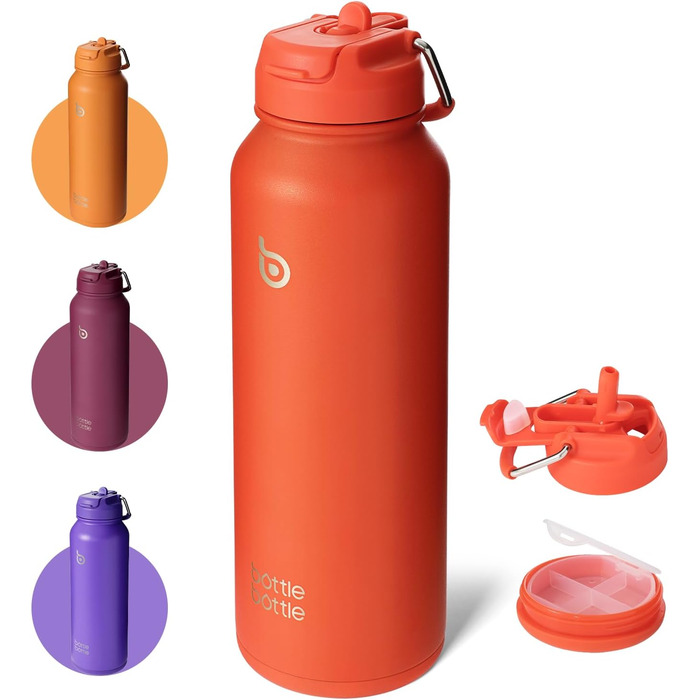 Спортивна пляшка bottlebottle, 1 л, нержавіюча сталь, ізольована, зі зручним трубочкою та контейнером для пігулок, помаранчева