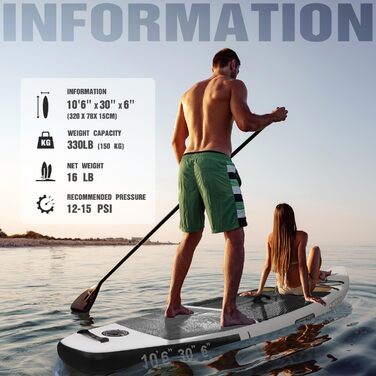 Надувна дошка для веслування Santasup Дошка для серфінгу SUP Complete Paddleboard Аксесуари Регульоване весло, насос, туристичний рюкзак ISUP, повідець, водонепроникна сумка, дошка для дорослих (BLACK КИТ)