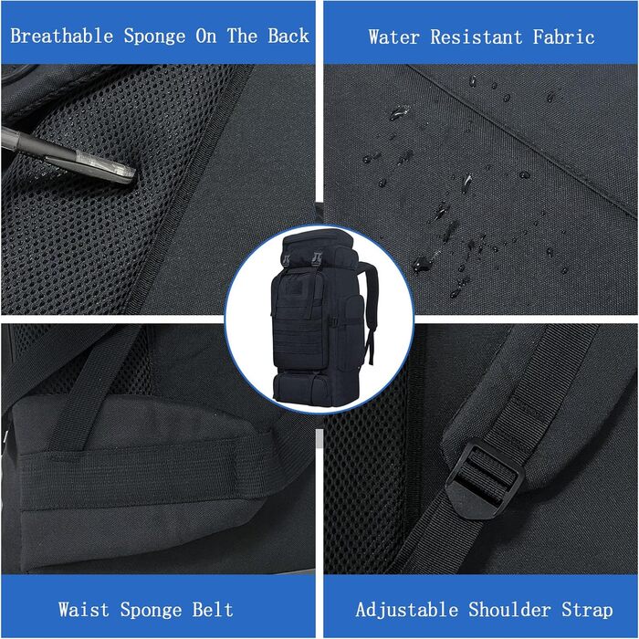 Тактичний туристичний рюкзак 80 л Molle, водостійкий, великий військовий рюкзак для походів та спорту, чорний