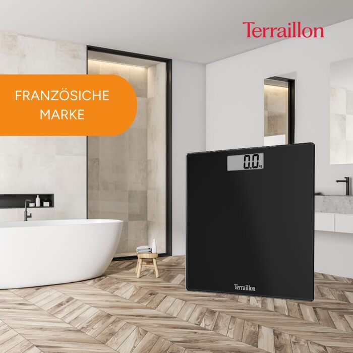 Ваги підлогові Terraillon TSQUARE, скляна платформа, ультратонкі, 26×26 см, велике LCD, до 180 кг, чорні