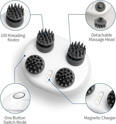 Електричний масажер для голови, портативний ручний масажер з 4 розминаючими головками та 100 вузлами, для розслаблення тіла та зняття стресу, ідеально підходить для жінок, чоловіків, собак масаж для домашніх тварин