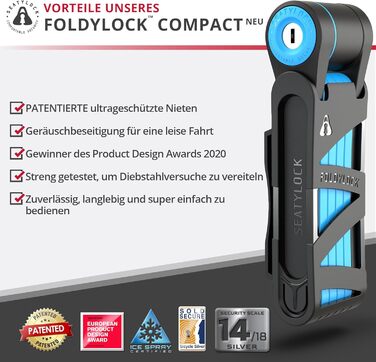Складаний велосипедний замок FoldyLock Compact 85 см – високий рівень безпеки, з ключем і кріпленням, для електровелосипеда, самоката і мотоцикла