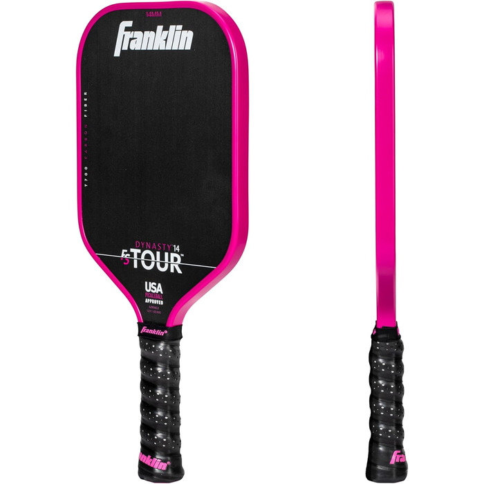 Професійна ракетка для піклболу Franklin Sports FS Tour Series з сирого вуглецевого волокна T700, цілісна конструкція з епоксидною смолою, затверджено USA Pickleball, моделі Dynasty і Tempo, 14/16 мм, сірий, синій, рожевий