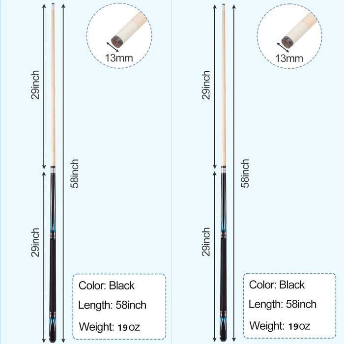 Більярдний кий Sinsilvie 58 19 20 унцій з наконечником 13 мм, чорний або білий, 1/2 кленових київ для більярду, більярдний кій, більярдний кий для чоловіків і жінок. (2 * чорний 19 унцій)