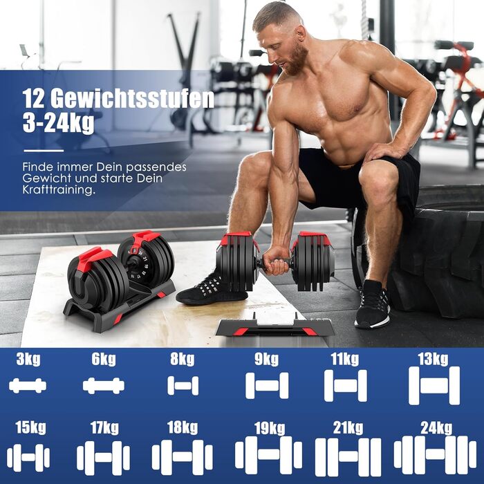 Регульовані гантелі DH FitLife 24 кг, 12 рівнів, набір коротких гантелей з дисками, 3-24 кг, 12 в 1