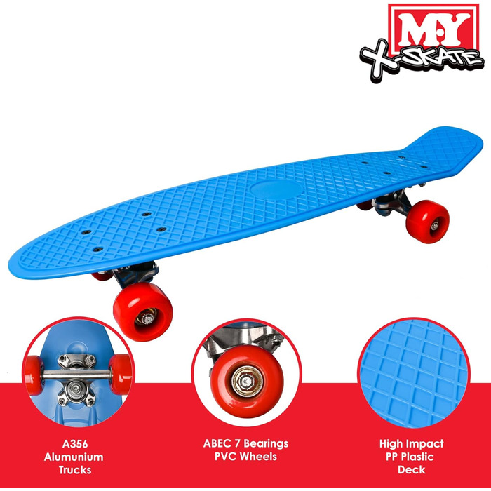 Скейтборд для початківців M.Y X-Skate Complete 55,9 см синій пластиковий ретро для дітей, підлітків та дорослих, вафельний стиль, кулькові підшипники ABEC 7 для трюків та круїзів