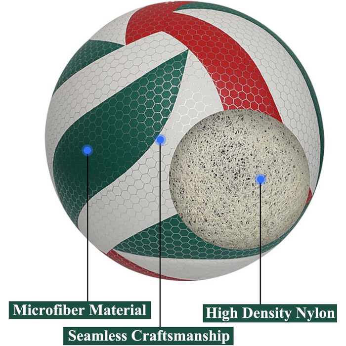 Волейбольні м'ячі KRTOYUST, надміцний композитний волейбольний м'яч офіційного стандартного розміру для приміщень та активного відпочинку, пляжний, безшовний крій, обробка шкіри (розмір 5, зелений/білий/червоний)