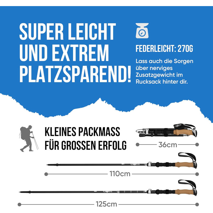 Туристичні палиці BAVA складні Розмір упаковки 36 см Різні насадки Ультралегкі Система EasyFold - телескопічна регульована Трекінгові палиці Палиці для скандинавської ходьби жінки та чоловіки -Піші прогулянки На свіжому повітрі