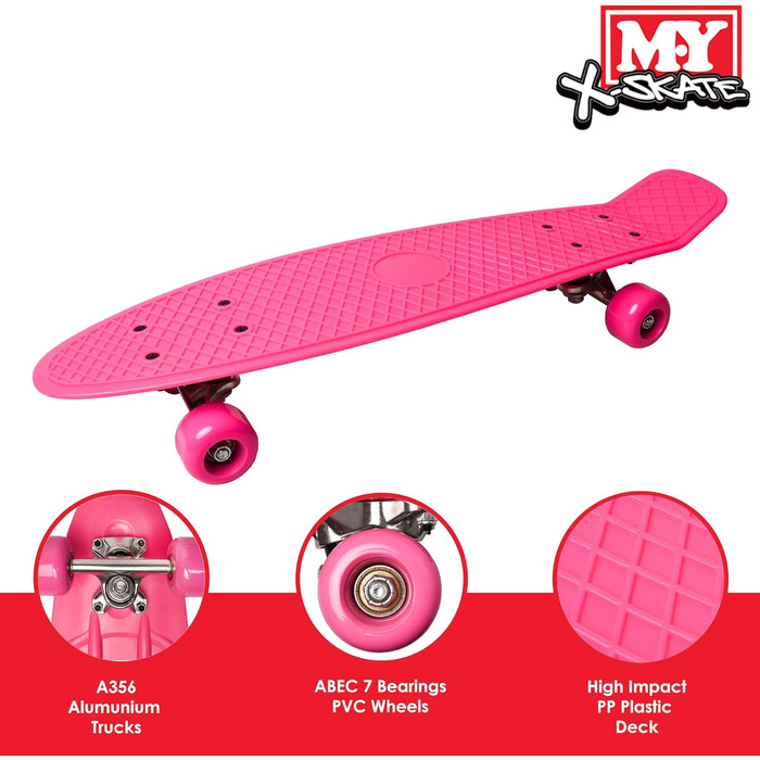 Ретро скейтборд M.Y X-SKATE для дітей, підлітків та дорослих, 55,9 см, рожевий