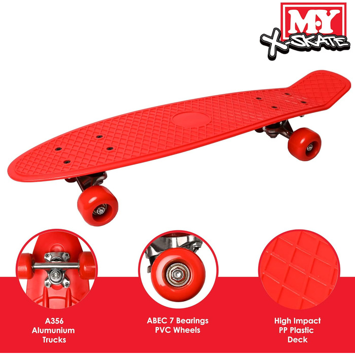 Скейтборд для початківців M.Y X-Skate Complete 55,9 см червоний пластиковий ретро для дітей, підлітків та дорослих, вафельний стиль, кулькові підшипники ABEC 7 для трюків та круїзів