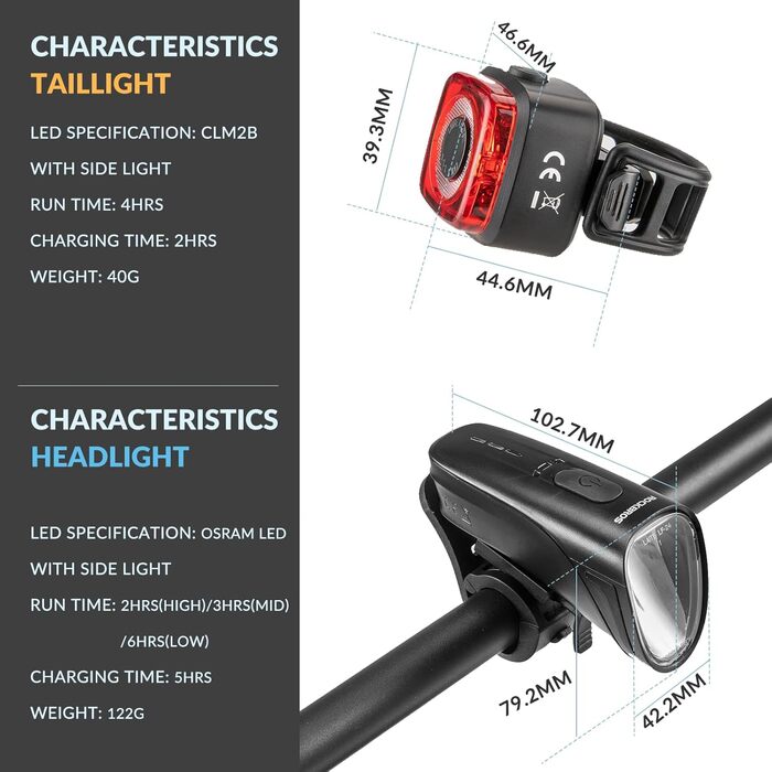 ROCKBROS LED велосипедне світло, USB зарядка, водонепроникний ліхтар для велосипеда, комплект переднього та заднього ліхтаря, 100 Люкс, чорний