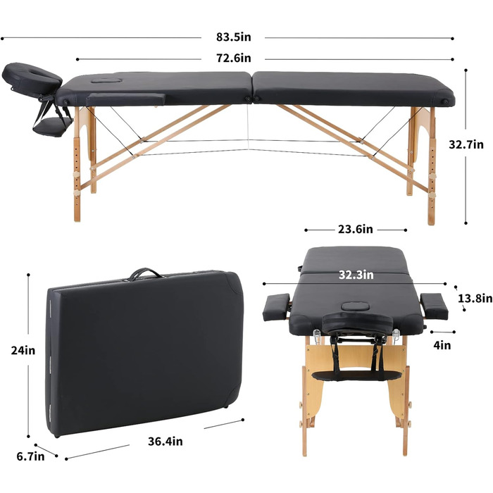 Масажний стіл Panana 2 зони Мобільний масажний стіл Складне портативне масажне ліжко з регульованою висотою дерев'яною масажною лавкою з підголівником і підлокітниками та сумкою 213 82 x 81 см (чорний)