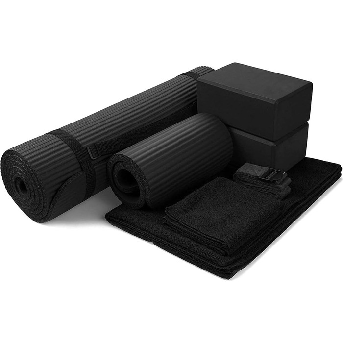 Набір для йоги BalanceFrom GoYoga 7-в-1: килимок 1/2'' з ременем, 2 блоки, рушники, ремінь та наколінник, чорний