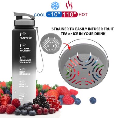 Пляшка для води ZORRI 900 мл, BPA-free, з мітками часу та вимірювання, легка, герметична, для спорту, школи, кемпінгу, чорний/сірий