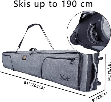 ВОЛЬТ Roller ski bag м'яка сумка для сноуборду з колесами для авіаперельотів, підходить для двох пар лиж до 175 або 190 см Grey 190