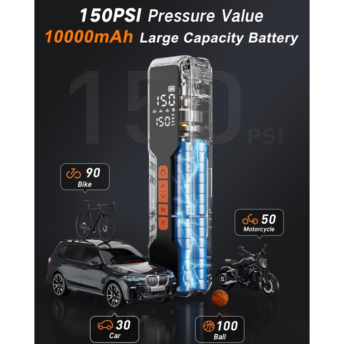 Електричний насос-компресор 150PSI, акумулятор 10000мАг, портативний, LCD-дисплей, для авто і велосипедів