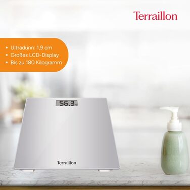 Ваги підлогові TERRAILLON TSQUARE Silver, компактні, ультратонкі 26x26 см, великий LCD-дисплей, до 180 кг, точність 100 г, сріблясті