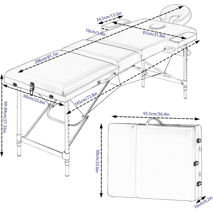 Мобільний масажний стіл 3 зони, масажний стіл складний регульований по висоті, портативна масажна лава, косметичний столик, виготовлений з алюмінію, з підлокітниками підлокітник для рук сумка для перенесення, чорна