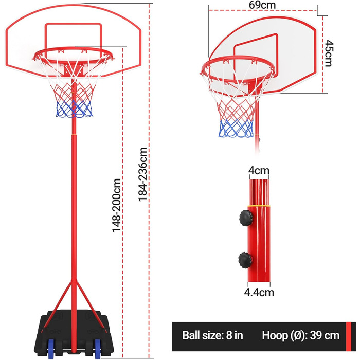 Дитяче баскетбольне кільце - вуличне і закрите, для дітей, регульоване по висоті (148-200), з підставкою, повітряним насосом, баскетбольне, портативне, колеса - баскетбольна стійка, система обручів, баскетбольна система червона