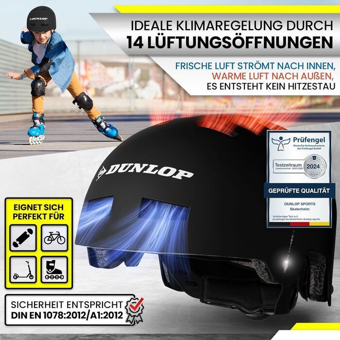 Велошолом DUNLOP SPORTS для дітей, підлітків і дорослих, легкий міцний міський універсальний шолом з 14 вентиляційними отворами, швидке застібання, автоматичне регулювання розміру, відмінна оцінка у тестах