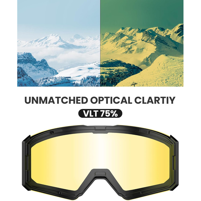 Гірськолижні окуляри OutdoorMaster Falcon від ZEISS/E-QuickHue Lens, окуляри для сноуборду OTG проти запотівання, магнітні змінні лінзи, снігові окуляри для чоловіків і жінок (лінзи поляризовані жовті Vlt 75)