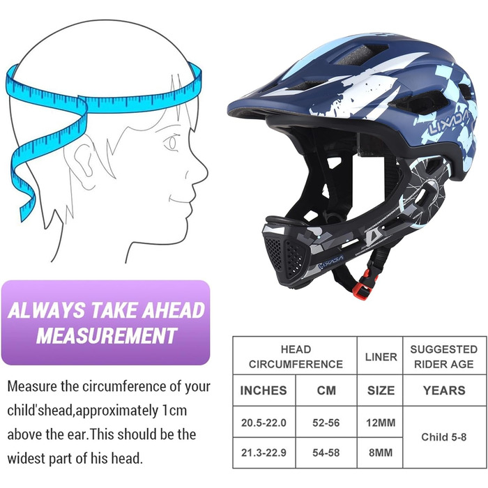 Велосипедний шолом Lixada Дитячий шолом Fullface Знімний унісекс 52-56см Дитячий шолом 2-в-1 інтегрований розмір регульований зі знімним захистом підборіддя Шолом Роликові ковзани для велосипедів, скейтбордів (синій)