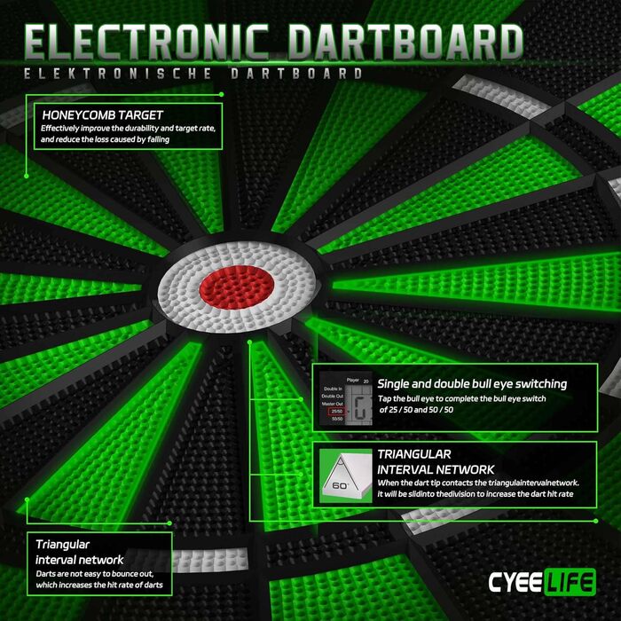 Електронна дошка для дартсу Cyeelife з 12 дартсами, аксесуари, 1-8 гравців