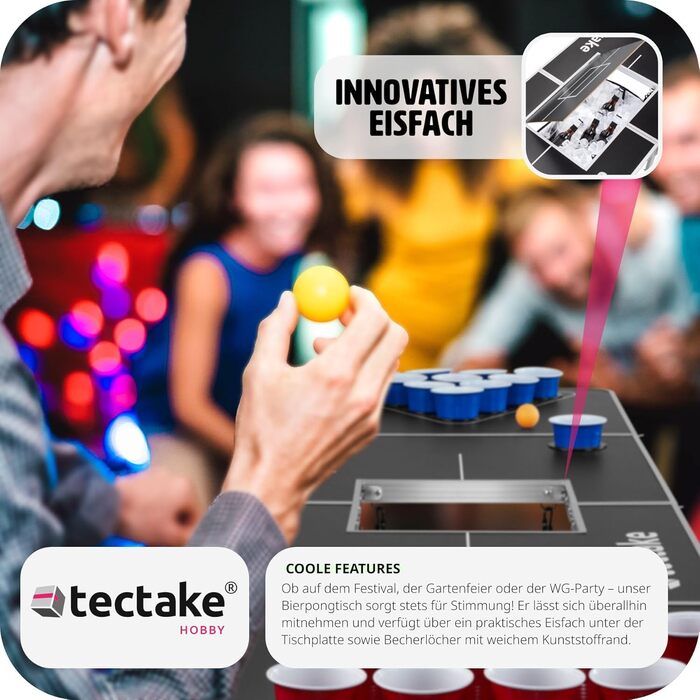 Стіл для пивного пінг-понгу tectake з 100 стаканами (50 червоних, 50 синіх) та 6 м'ячиками, складаний, з регулюванням висоти, для вечірок і дорослих, Beer Pong