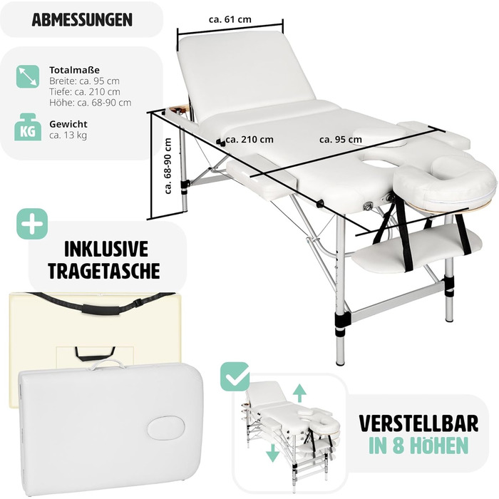 Масажний стіл Tectake 3 зони, масажний стіл, масажний стіл складний, регульований по висоті алюмінієвий масажний стіл, масажне ліжко портативне з аксесуарами, алюмінієвий підголівник, підлокітник і сумка для перенесення - чорний (Білий No 401046)