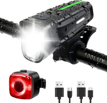 Комплект велосипедних фар 100 люкс LED StVZO, передня і задня фара, USB заряджання, водонепроникність IPX5