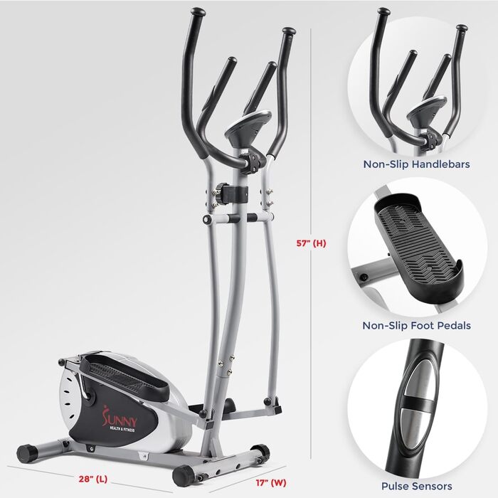 Еліптичний тренажер Sunny Health & Fitness SF-E905 для дому, магнітний, 8 рівнів навантаження, LCD-дисплей, до 100 кг