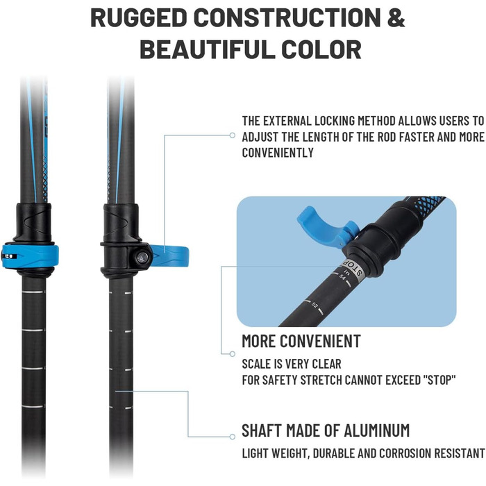 Трекінгові палиці G2 з вуглецевого волокна телескопічні/Ручка з піни EVA/Ремінь на зап'ястя з поролоновою підкладкою/Ремінь з автоматичним регулюванням/Quick Flip Lock (упаковка з 2 палиць) Синій
