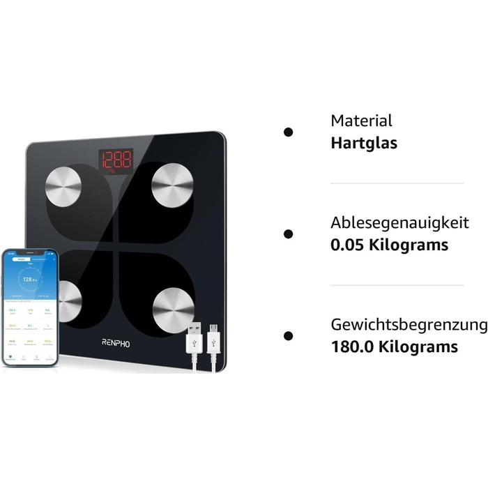 RENPHO Bluetooth ваги з жиром і м'язовою масою, ІМТ, вага, м'язова маса, вода, білок, скелетні м'язи, вага кісток, BMR (USB чорний) - 75 символів