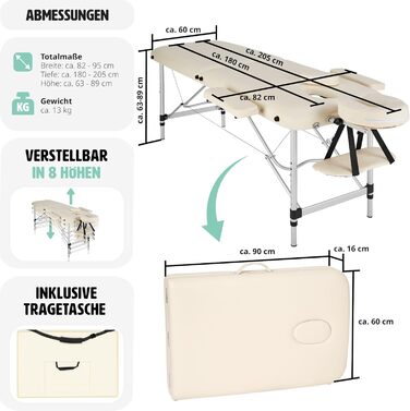 Масажний стіл tectake 2 зони, масажний стіл, масажний стіл складний, регульований по висоті алюмінієвий масажний стіл, портативна масажна лавка з аксесуарами, алюмінієвий підголівник, підлокітник і сумка для перенесення - білий (бежевий No 402787)